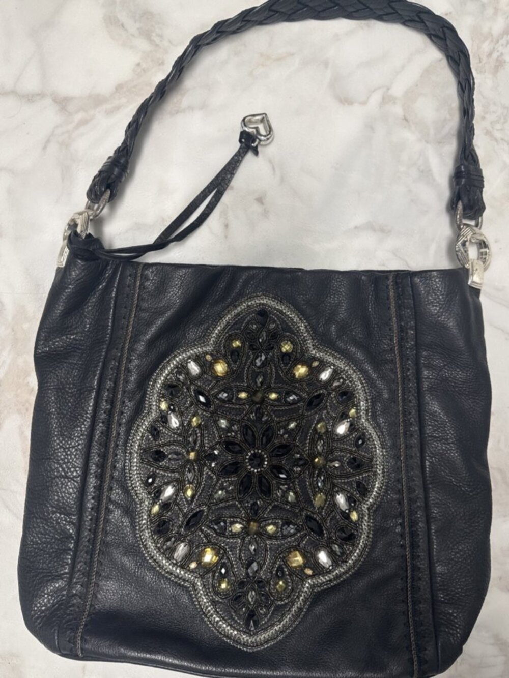 Brighton Anju Bag Masterpiece Collection Black Purse Hobo Leather Embellished